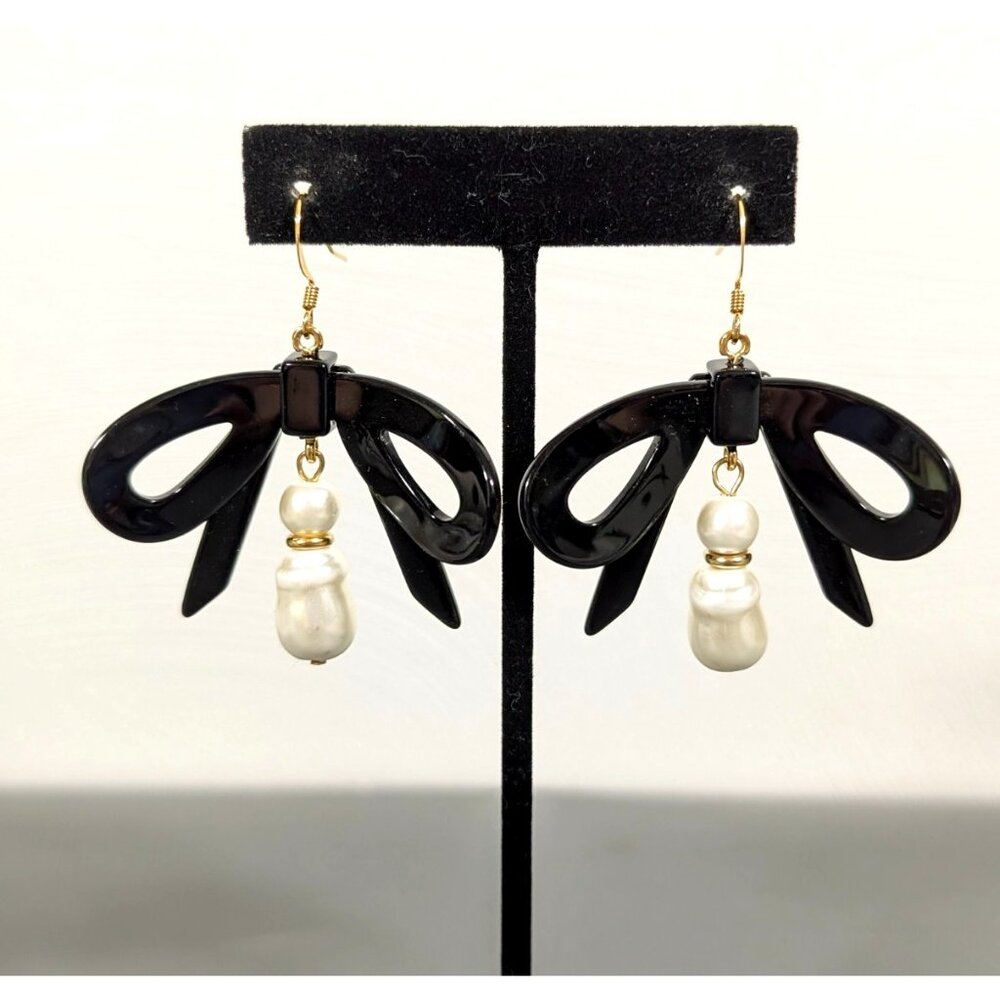 Retro Black Bow Faux Pearl Dangle Earrings Goth Coquette Romance